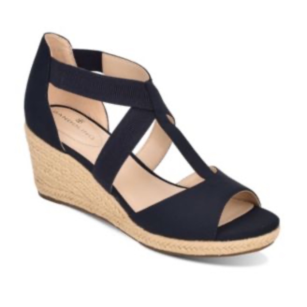 Bandolino textile upper Black T strap wedge espadrille sandals‎ Heels Sz 8